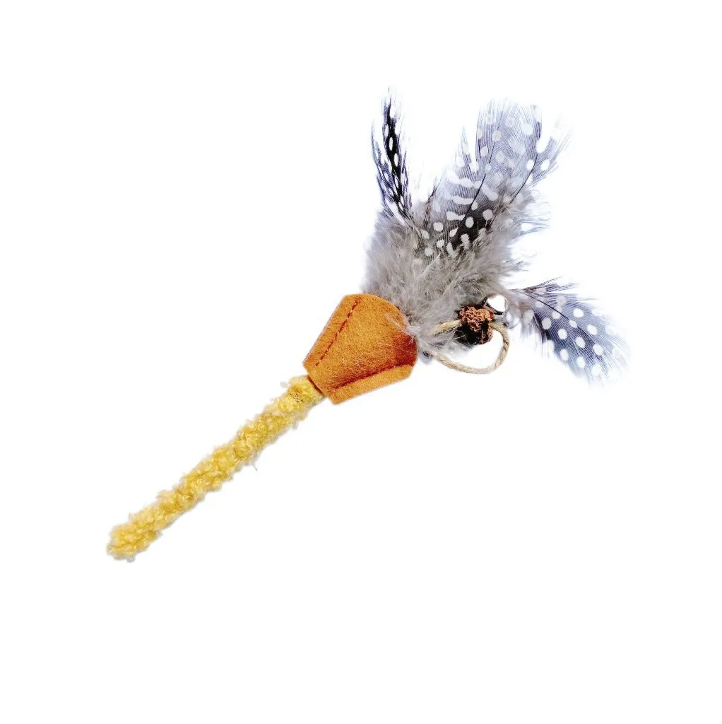 Green polygonum wood feather stick cat toy with gall fruit accent on white background