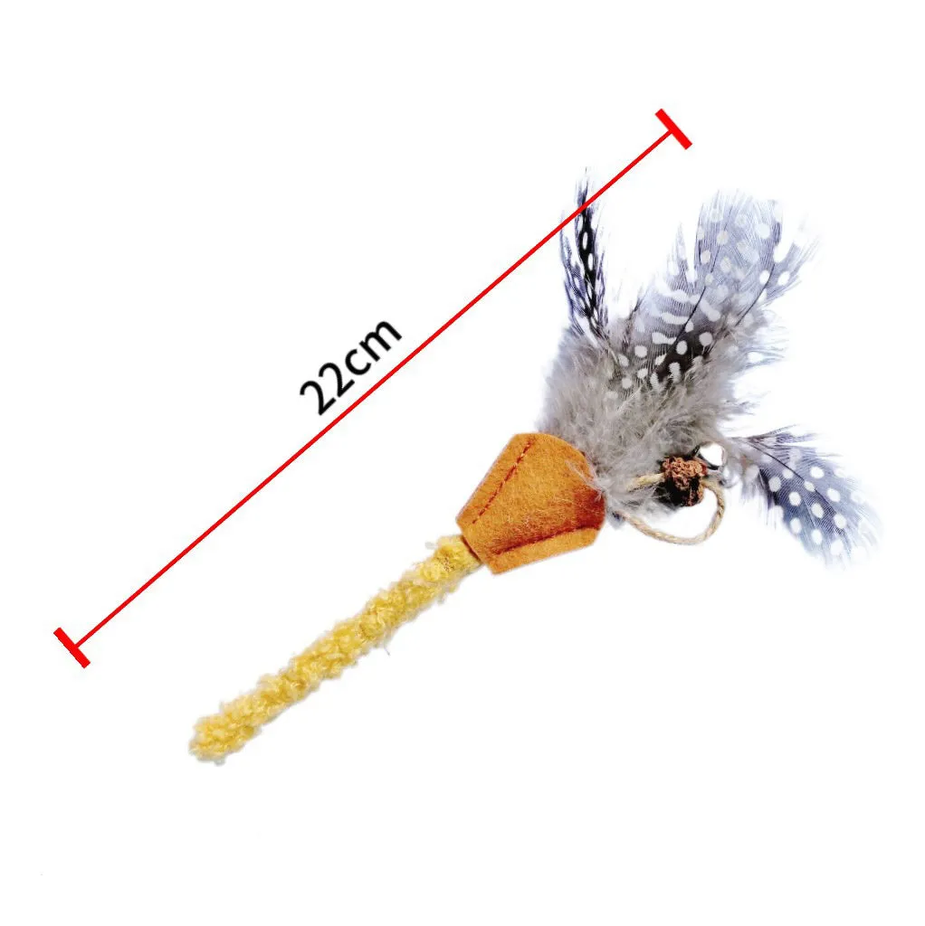 Green polygonum wood feather stick cat toy with gall fruit accent on white background