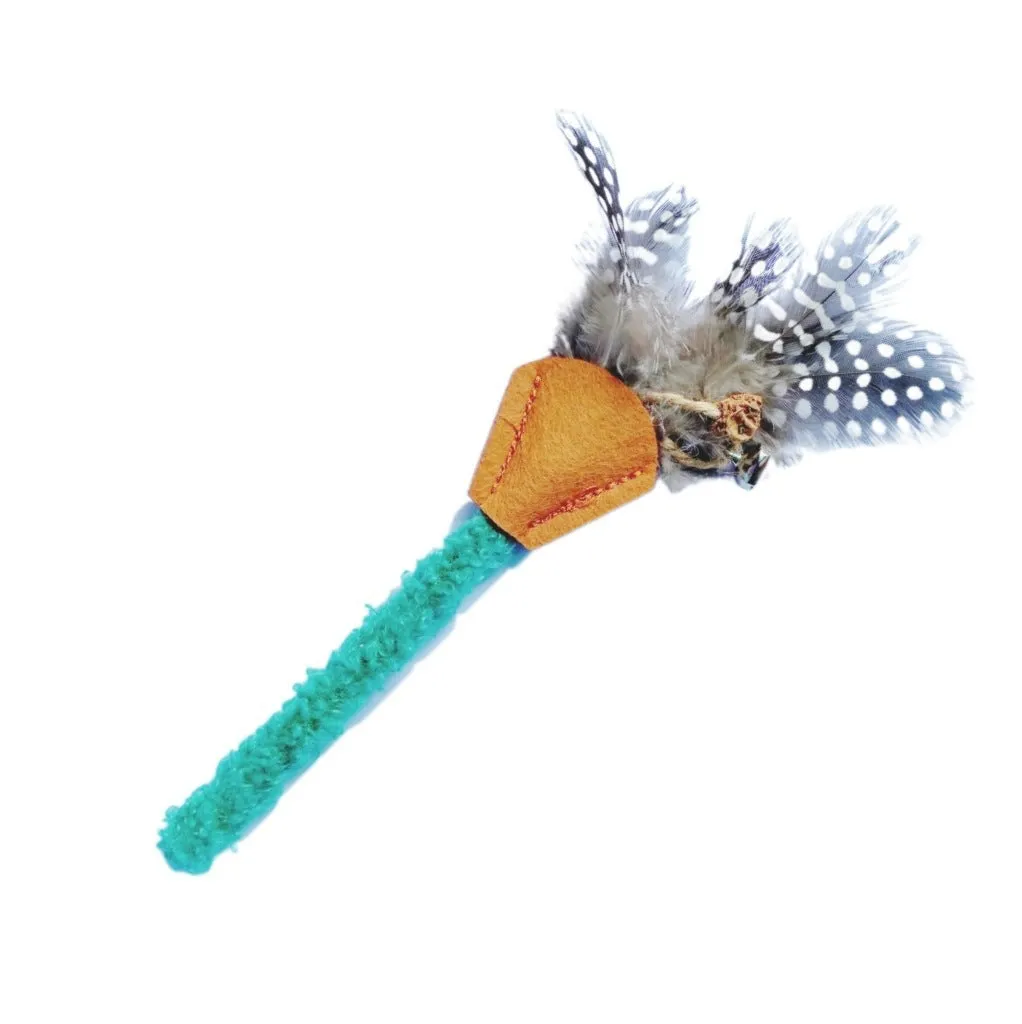 Green polygonum wood feather stick cat toy with gall fruit accent on white background