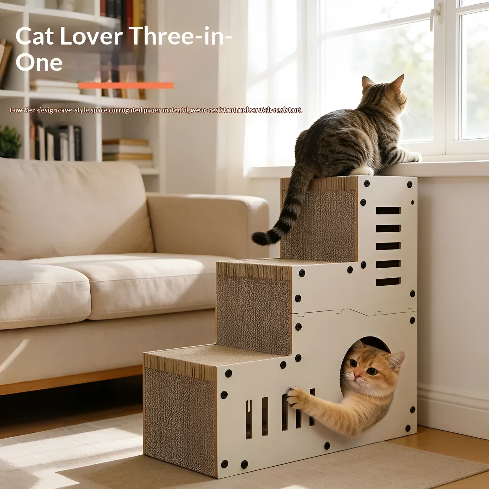 Stair-shaped corrugated cardboard cat scratcher with MDF frame and replacement core