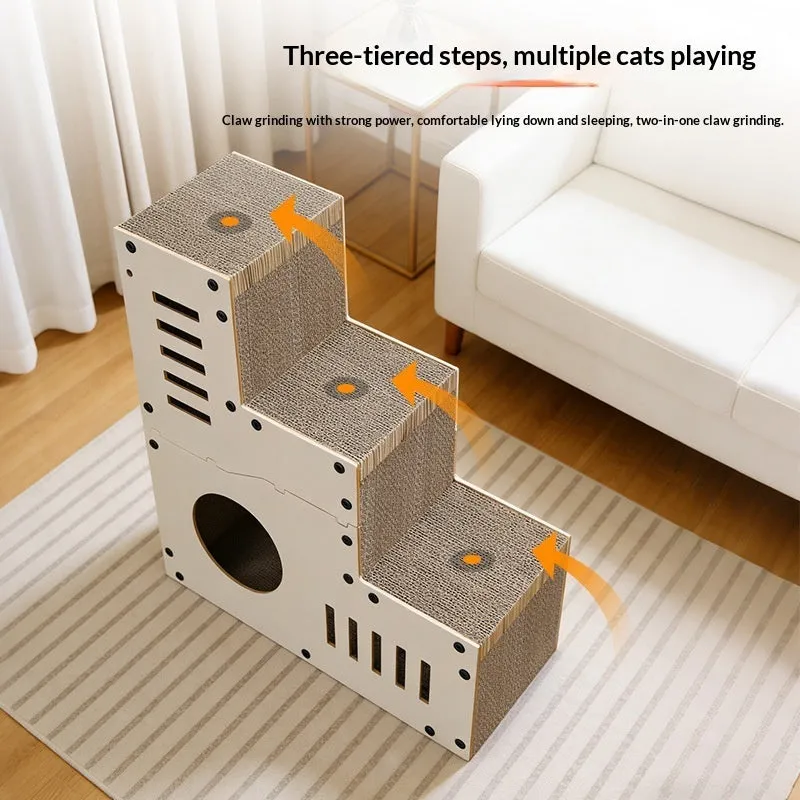 Stair-shaped corrugated cardboard cat scratcher with MDF frame and replacement core
