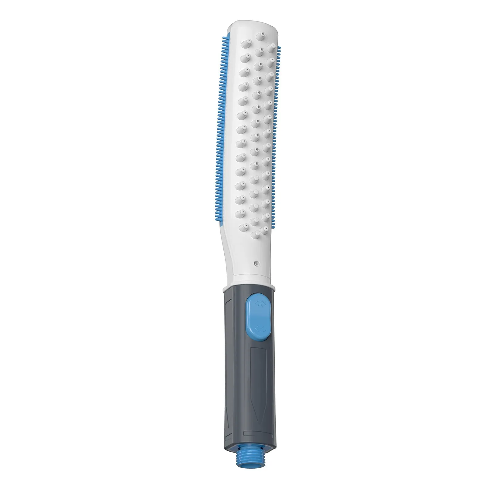 Pet bathing brush showerhead for dogs with ABS plastic handle and soft bristles in blue and gray colour