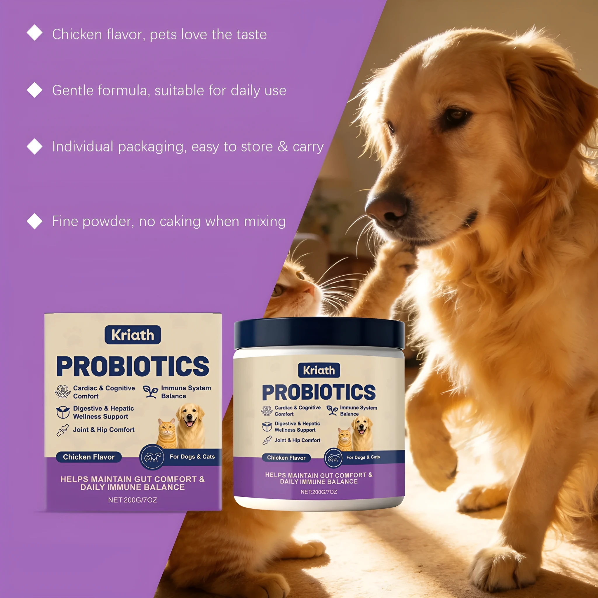Probiotic powder for pet intestinal care, 200g chicken-flavoured supplement with Bacillus subtilis
