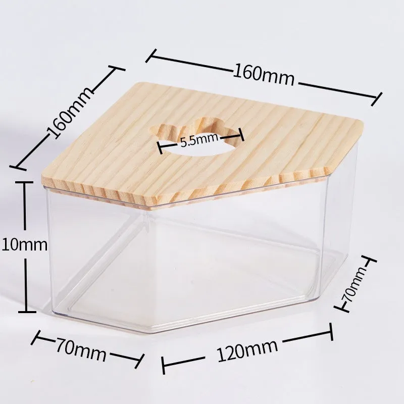 Transparent PET hamster sandbox with solid pine wood cover in rectangle shape for small pet cage toilet use