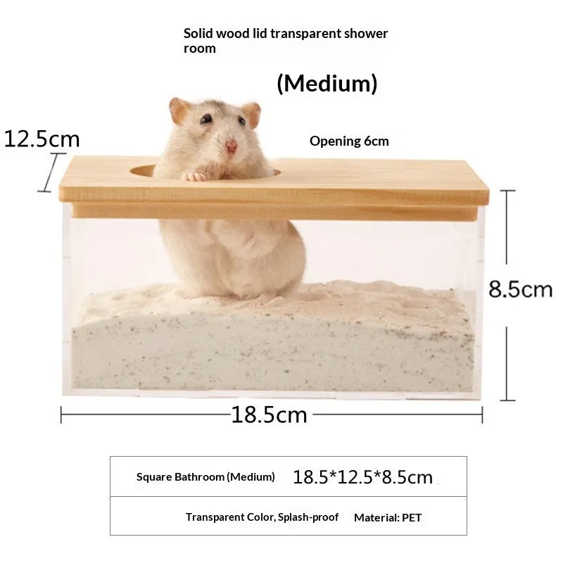 Transparent PET hamster sandbox with solid pine wood cover in rectangle shape for small pet cage toilet use