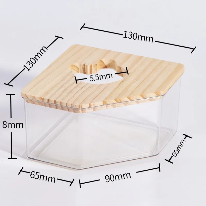 Transparent PET hamster sandbox with solid pine wood cover in rectangle shape for small pet cage toilet use
