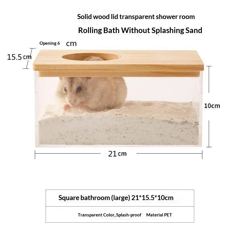 Transparent PET hamster sandbox with solid pine wood cover in rectangle shape for small pet cage toilet use