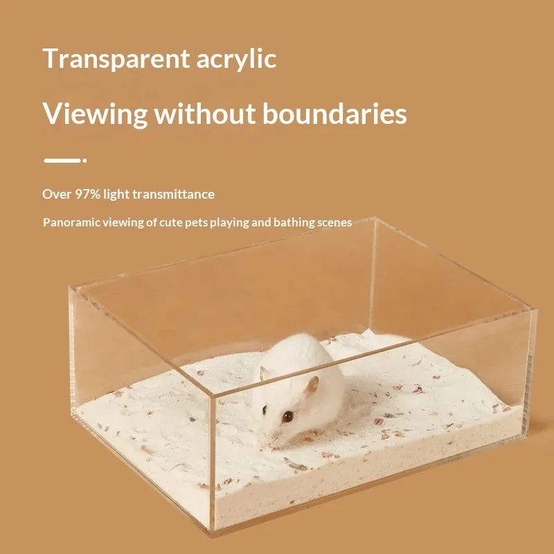 Transparent PET hamster sandbox with solid pine wood cover in rectangle shape for small pet cage toilet use