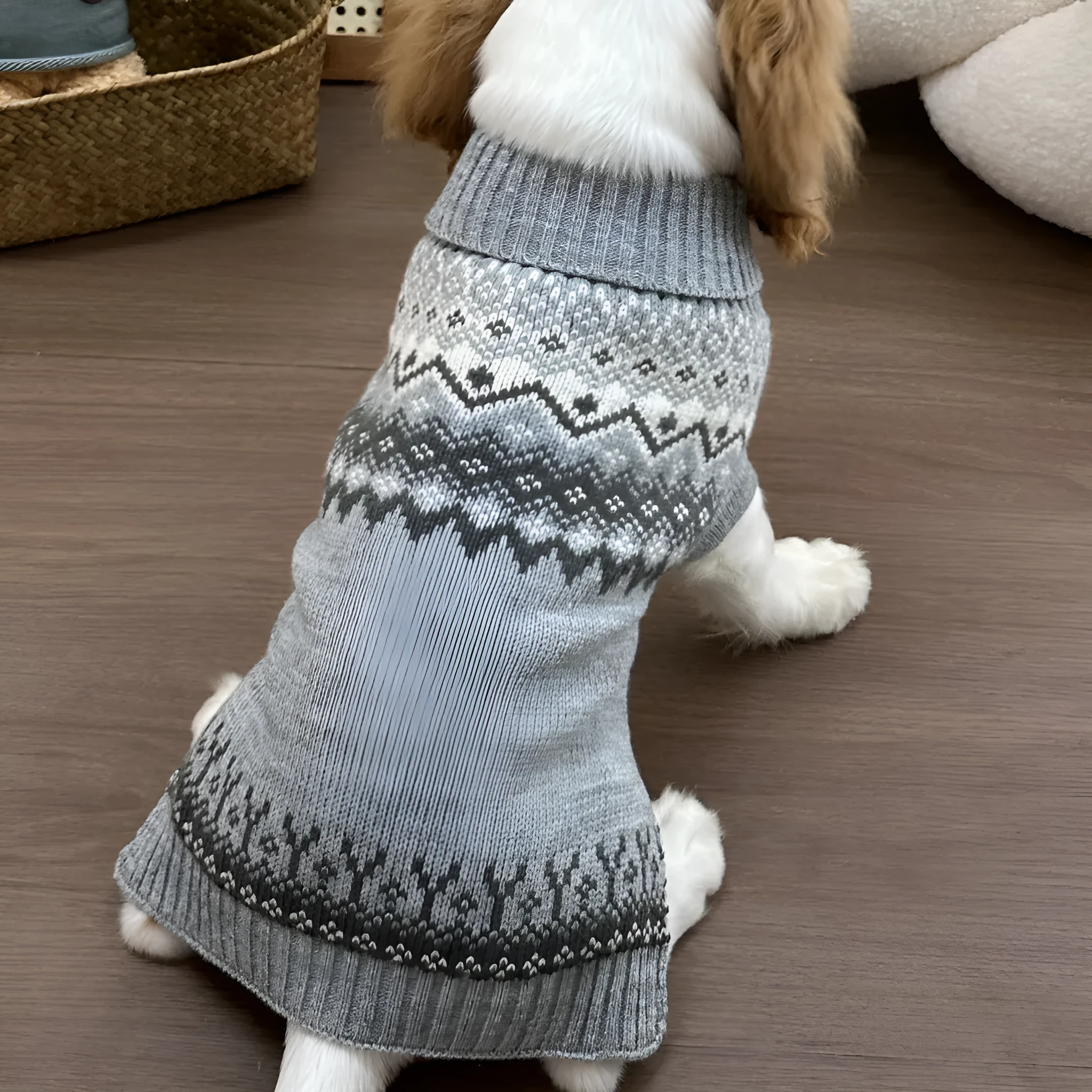 Grey Fair Isle pattern polyester sweater for small dogs on a white background