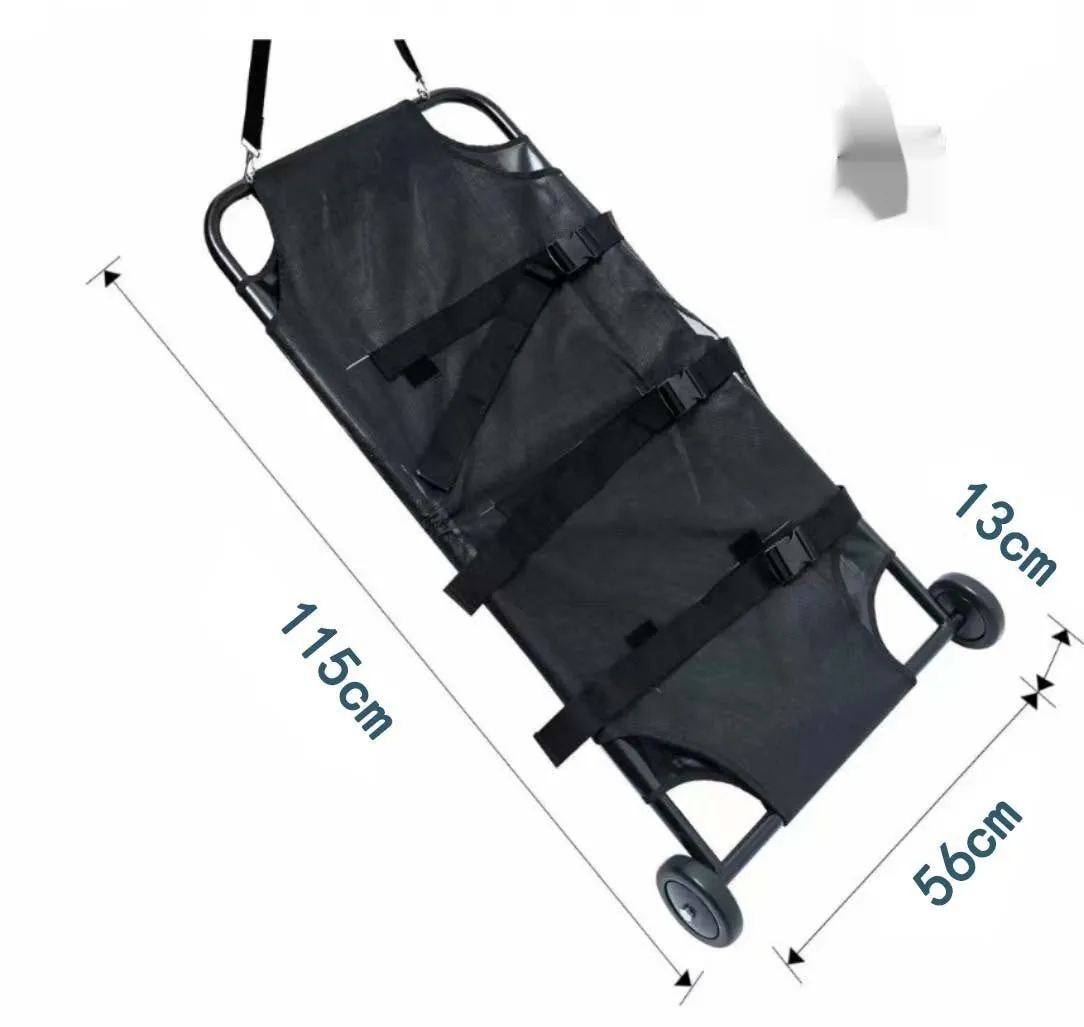 Large black aluminium alloy foldable pet stretcher for dog emergency transport.