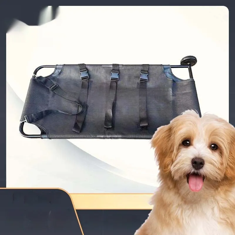 Large black aluminium alloy foldable pet stretcher for dog emergency transport.