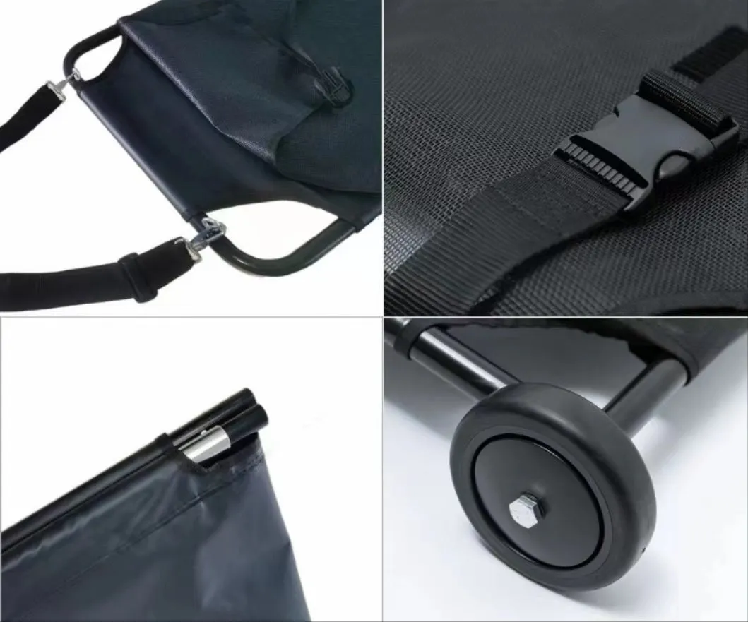 Large black aluminium alloy foldable pet stretcher for dog emergency transport.