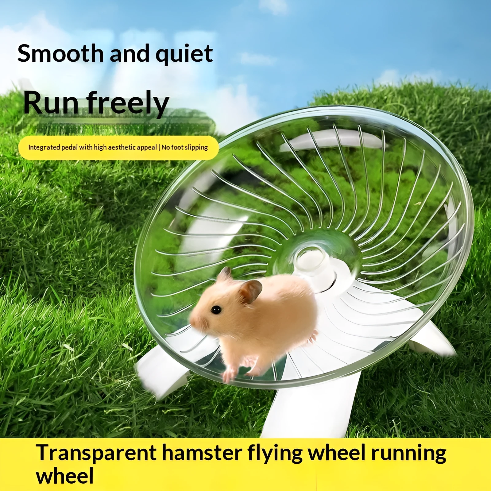 Plastic hamster running wheel in white with frisbee shape and no-stick foot surface for exercise