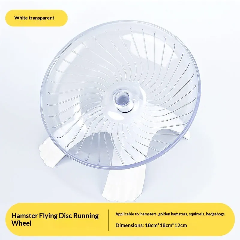 Plastic hamster running wheel in white with frisbee shape and no-stick foot surface for exercise