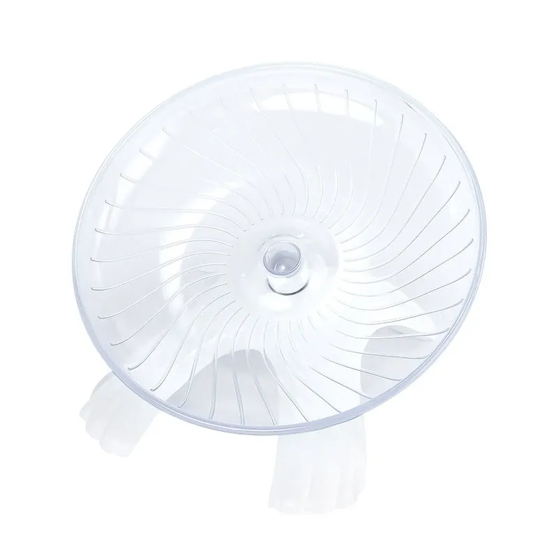 Plastic hamster running wheel in white with frisbee shape and no-stick foot surface for exercise