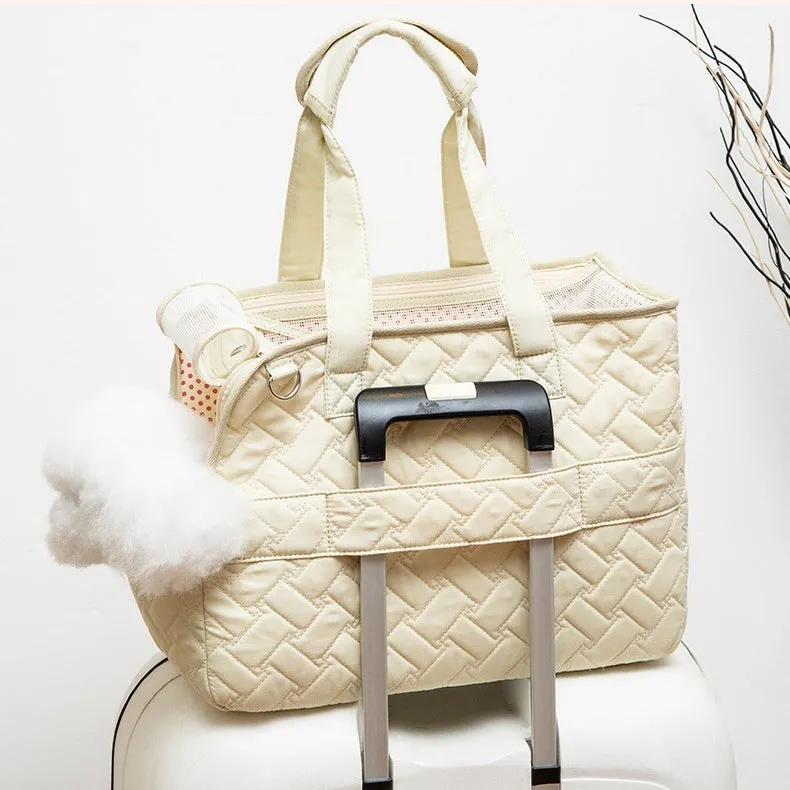 Handy lightweight canvas cat pet crossbody bag in beige, crossbody strap, large size