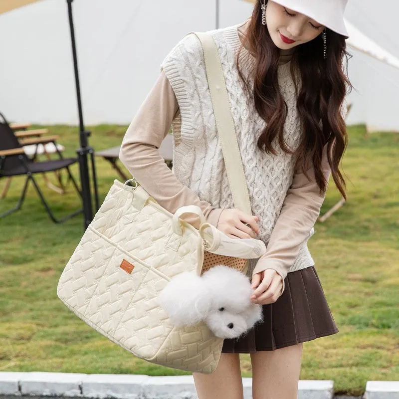 Handy lightweight canvas cat pet crossbody bag in beige, crossbody strap, large size