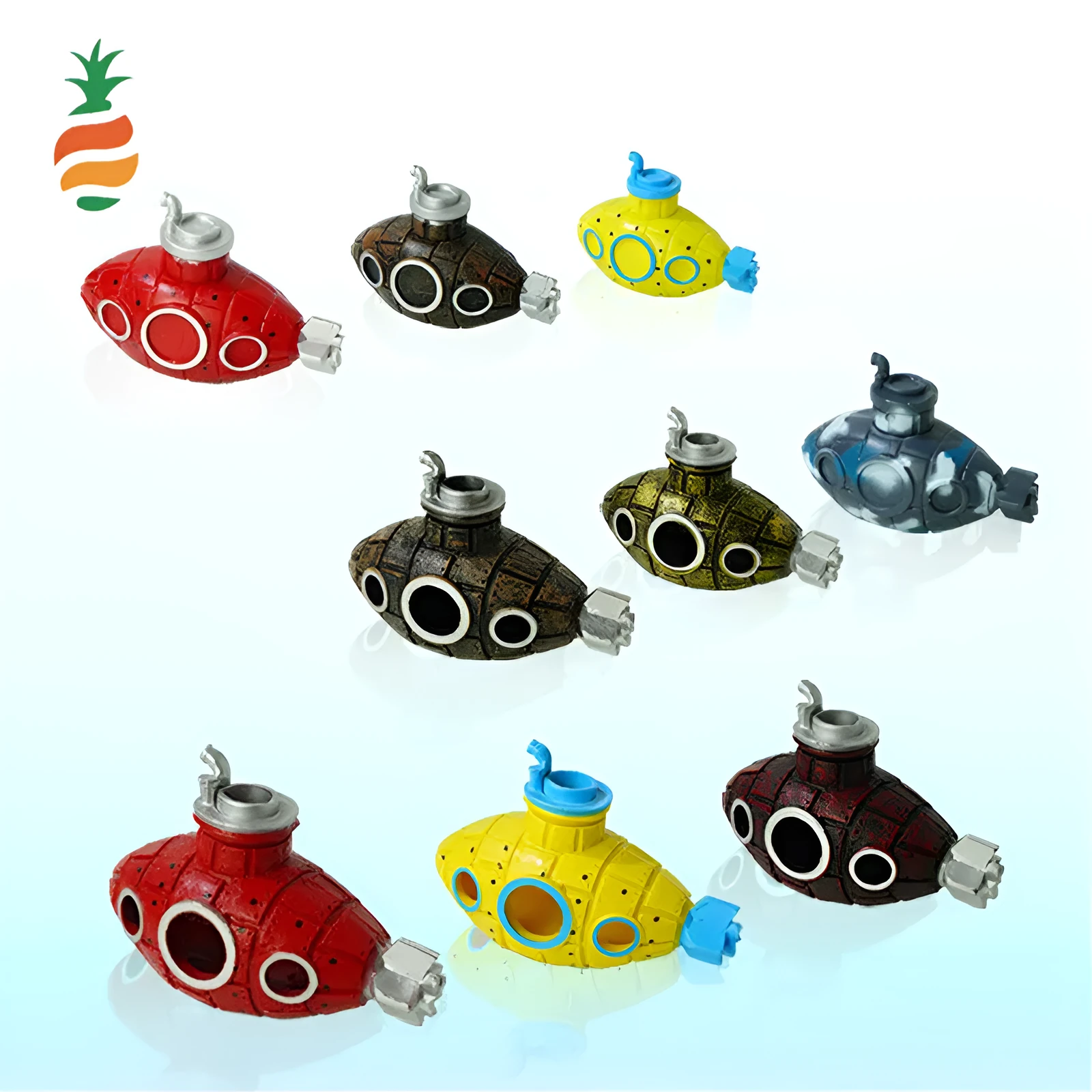 Mini PVC submarine aquarium ornament in red, sized 4-7cm, for fish tank landscaping