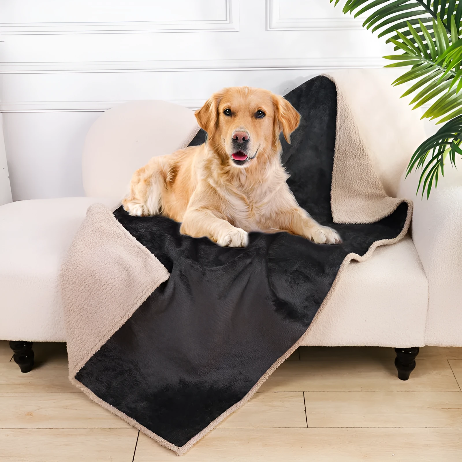 Flannel fleece composite thickened waterproof pet pad in blue gray, on a dog bed, available in multiple sizes