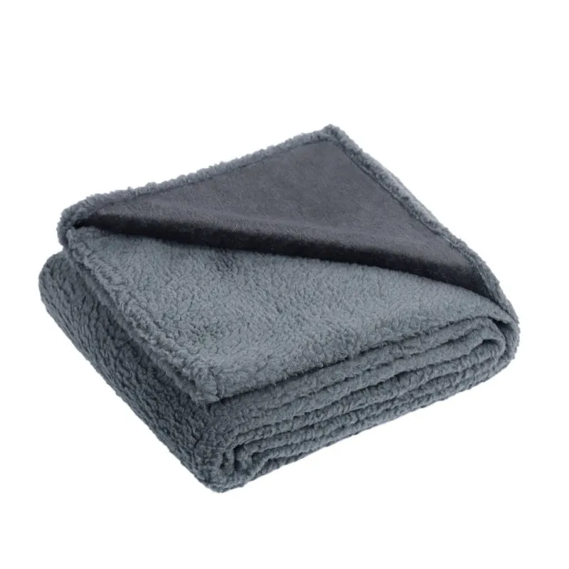 Flannel fleece composite thickened waterproof pet pad in blue gray, on a dog bed, available in multiple sizes
