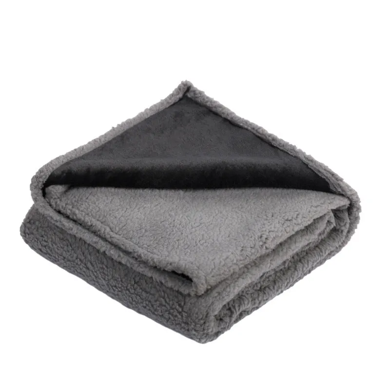 Flannel fleece composite thickened waterproof pet pad in blue gray, on a dog bed, available in multiple sizes