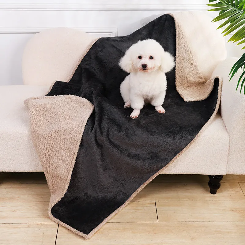 Flannel fleece composite thickened waterproof pet pad in blue gray, on a dog bed, available in multiple sizes