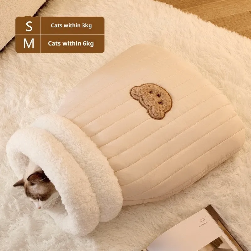Personalised warm cat bed sleeping bag in cotton fleece, corduroy, and lamb fleece, available in beige and brown colours