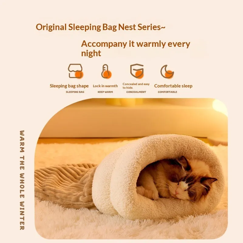 Personalised warm cat bed sleeping bag in cotton fleece, corduroy, and lamb fleece, available in beige and brown colours