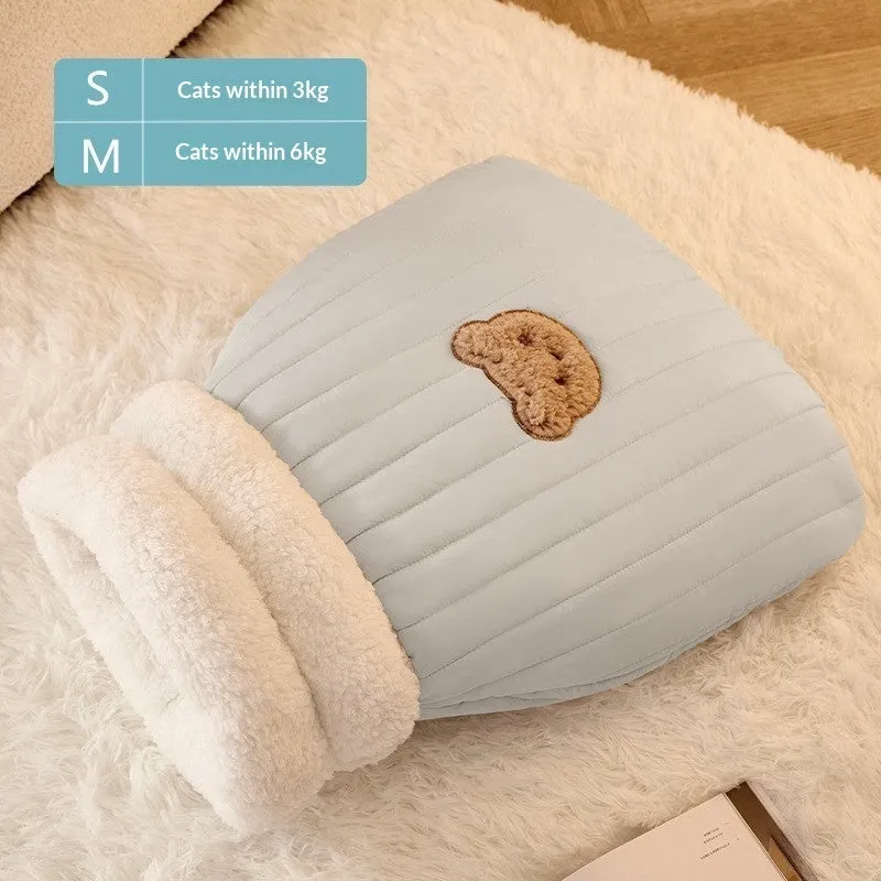 Personalised warm cat bed sleeping bag in cotton fleece, corduroy, and lamb fleece, available in beige and brown colours
