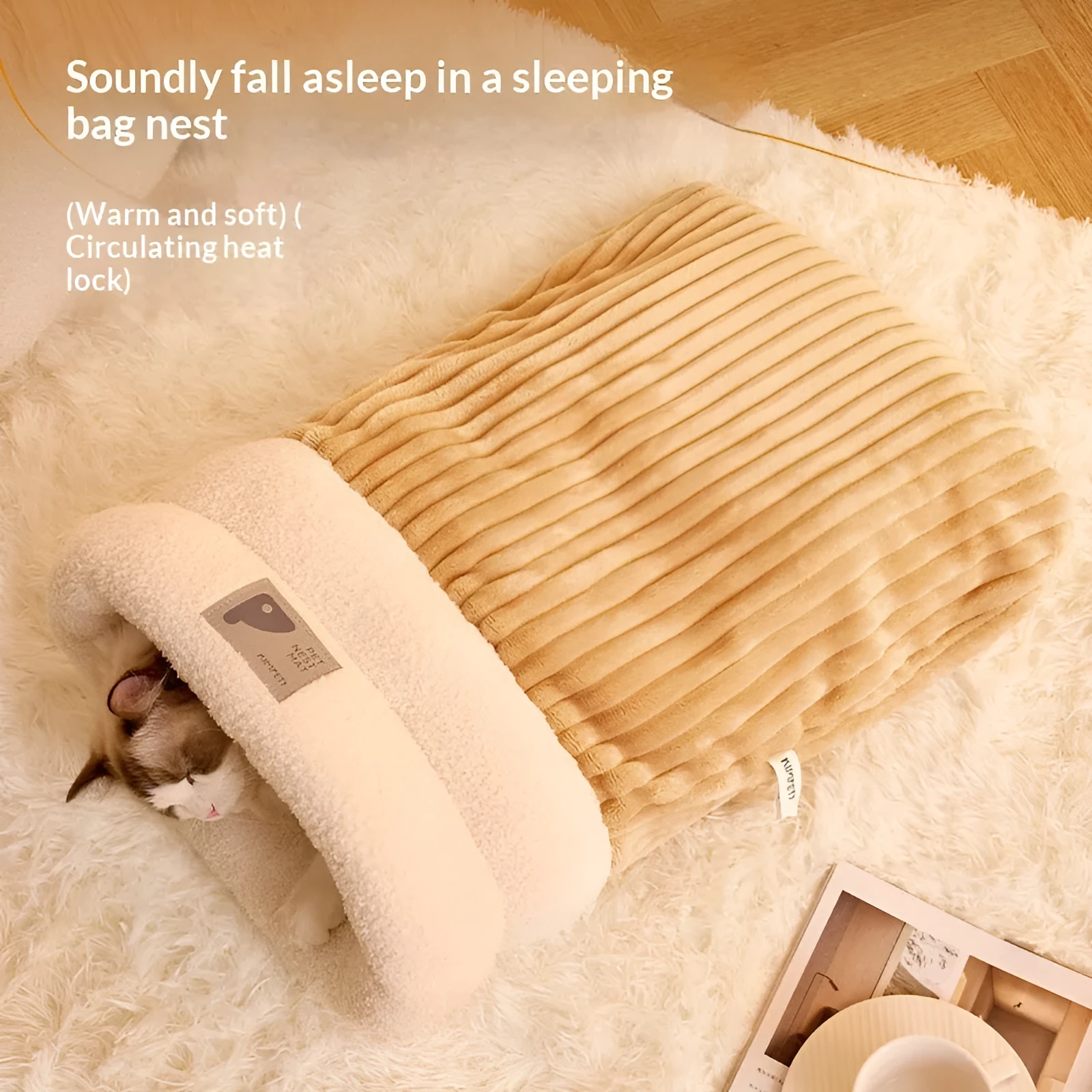 Personalised warm cat bed sleeping bag in cotton fleece, corduroy, and lamb fleece, available in beige and brown colours