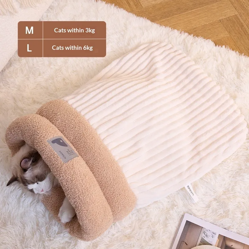 Personalised warm cat bed sleeping bag in cotton fleece, corduroy, and lamb fleece, available in beige and brown colours