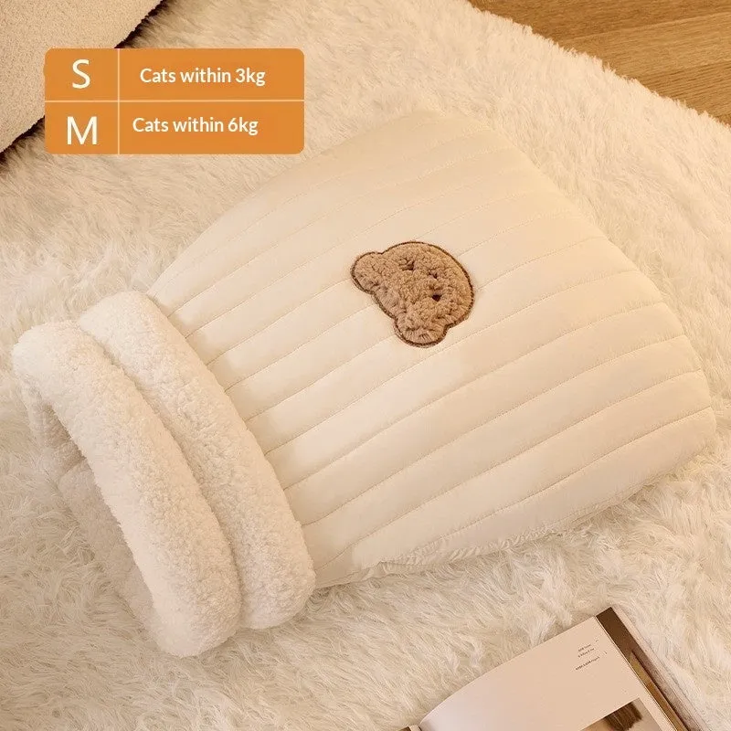 Personalised warm cat bed sleeping bag in cotton fleece, corduroy, and lamb fleece, available in beige and brown colours