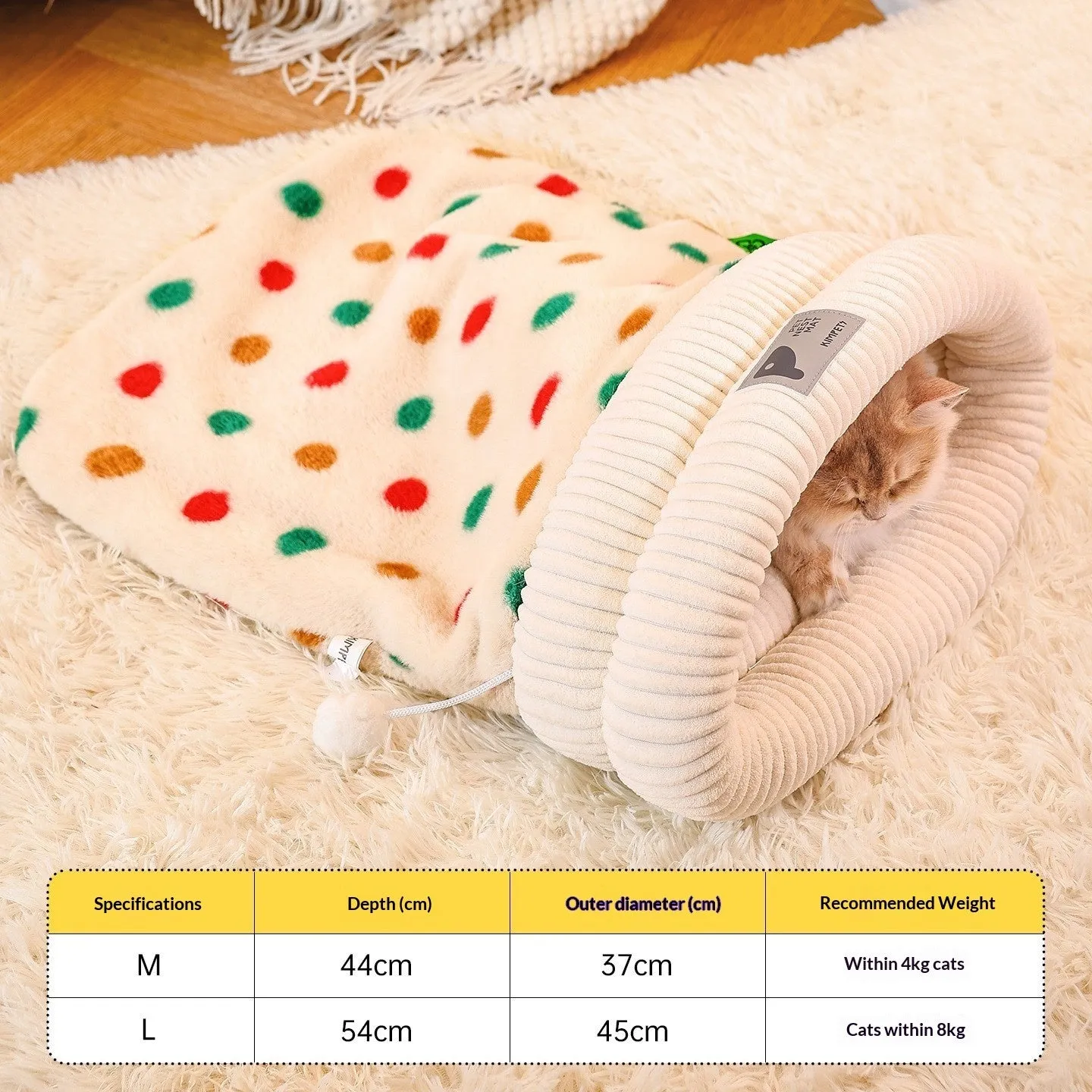 Personalised warm cat bed sleeping bag in cotton fleece, corduroy, and lamb fleece, available in beige and brown colours