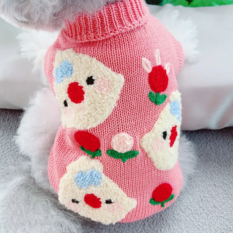 Short autumn winter pet sweater for dogs in unisex polyester casual style showing colour options and sizes