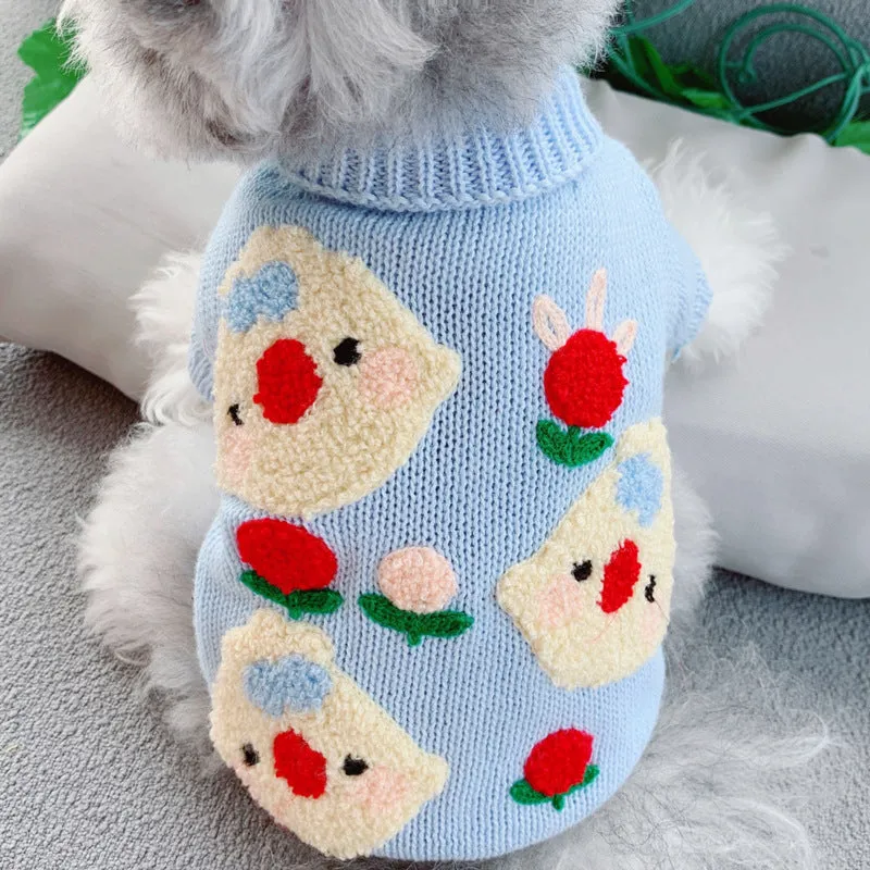 Short autumn winter pet sweater for dogs in unisex polyester casual style showing colour options and sizes