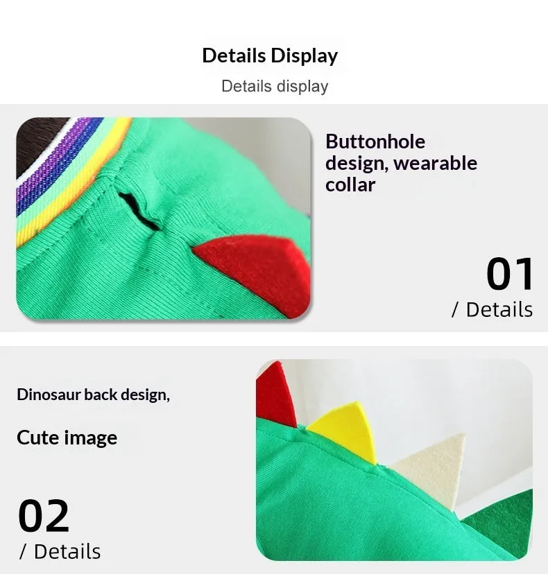 Green cotton dog vest with dinosaur print for small sausage dog, side view, outdoor setting