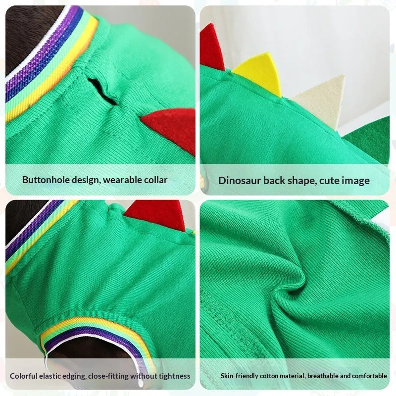 Green cotton dog vest with dinosaur print for small sausage dog, side view, outdoor setting