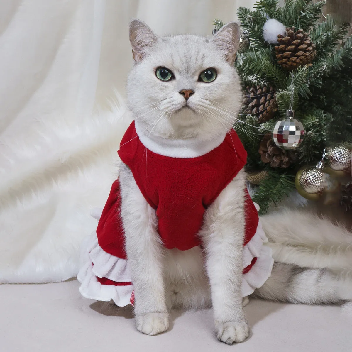 Red fleece pet Christmas dress with bow, pet size XS to XXL, European and American style