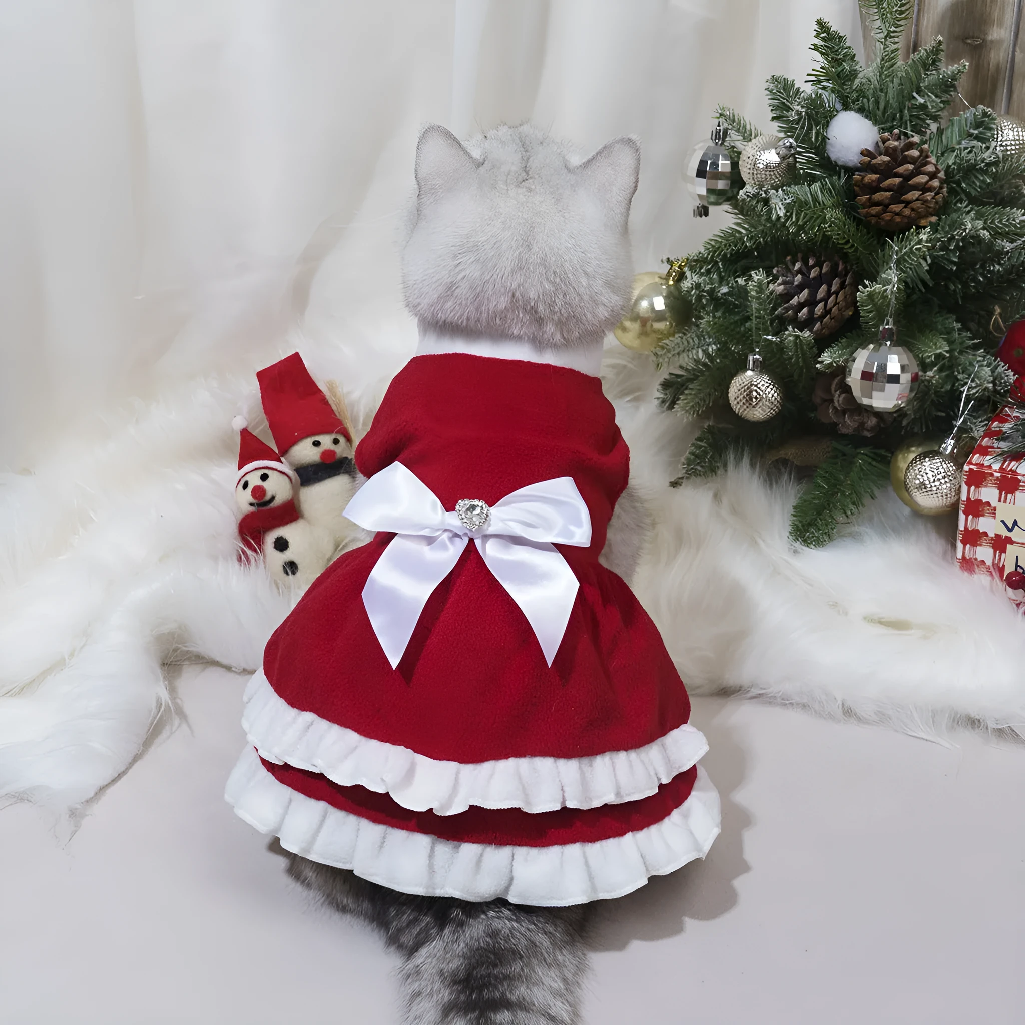 Red fleece pet Christmas dress with bow, pet size XS to XXL, European and American style