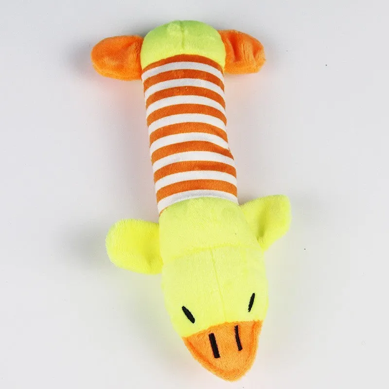 Dog plush chew toy in pink ice cream colour with soft fabric for interactive play
