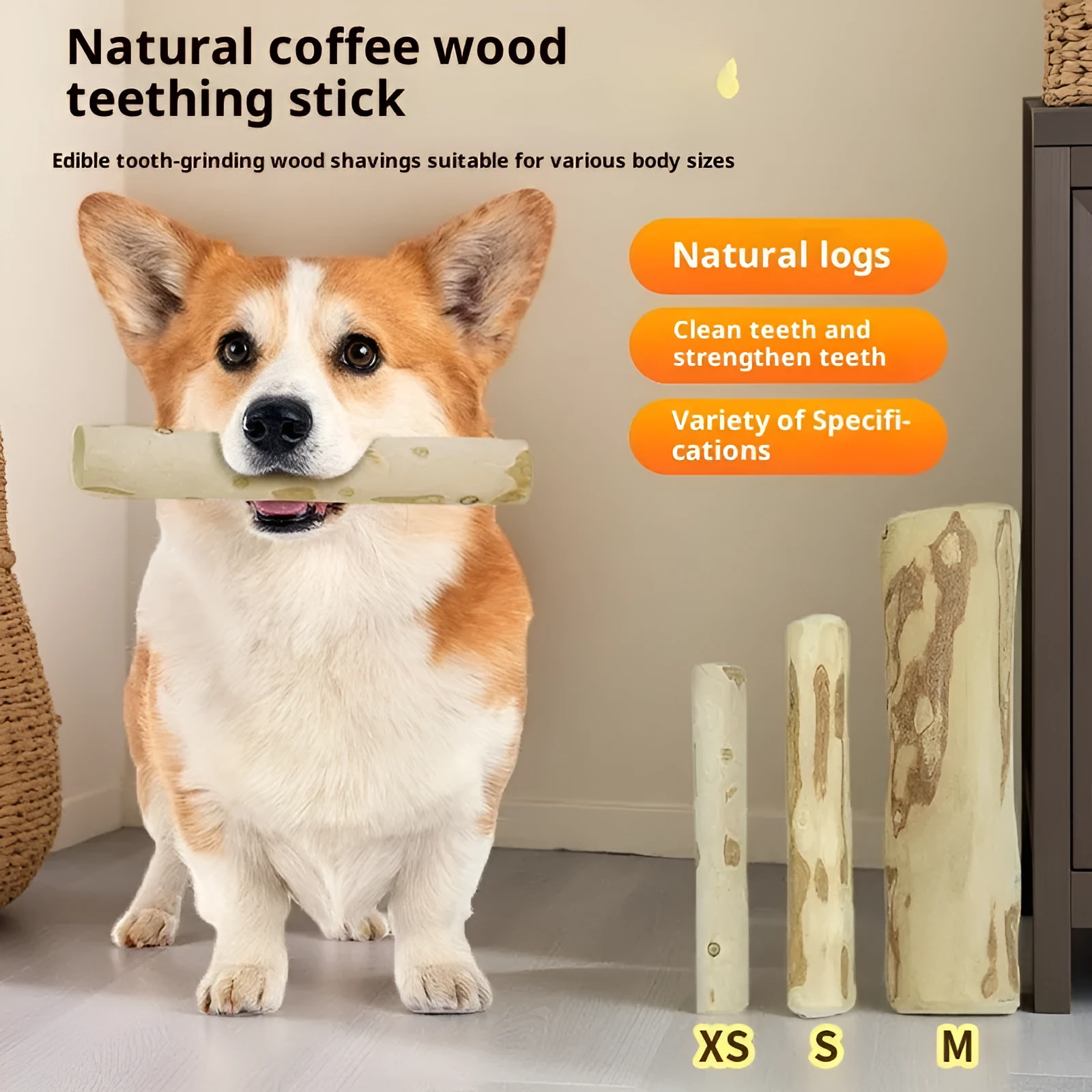 Coffee wood dog toy chew stick in twisted style with original wood colour, size options from S to XL