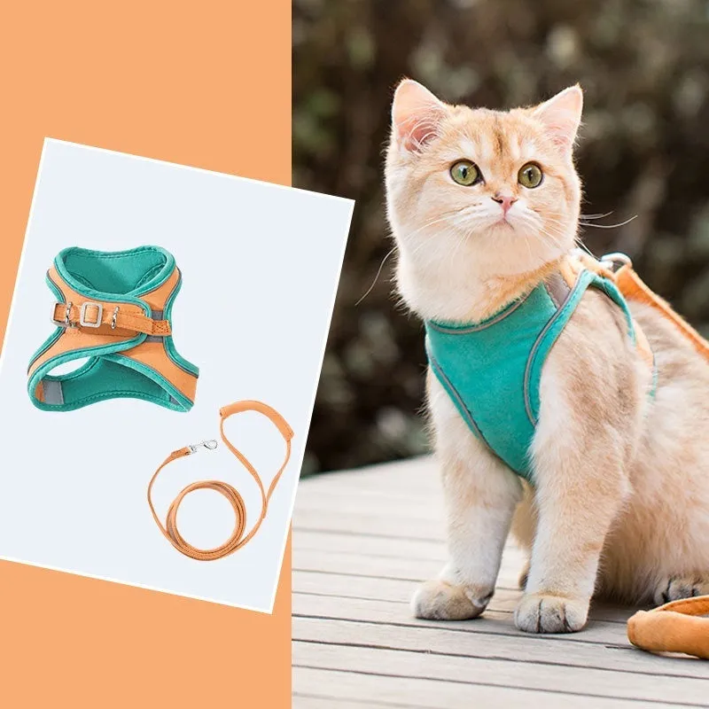 Blue and orange stitched suede cat vest harness with reflective chest strip and attached hand holding rope.