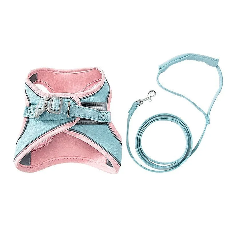 Blue and orange stitched suede cat vest harness with reflective chest strip and attached hand holding rope.
