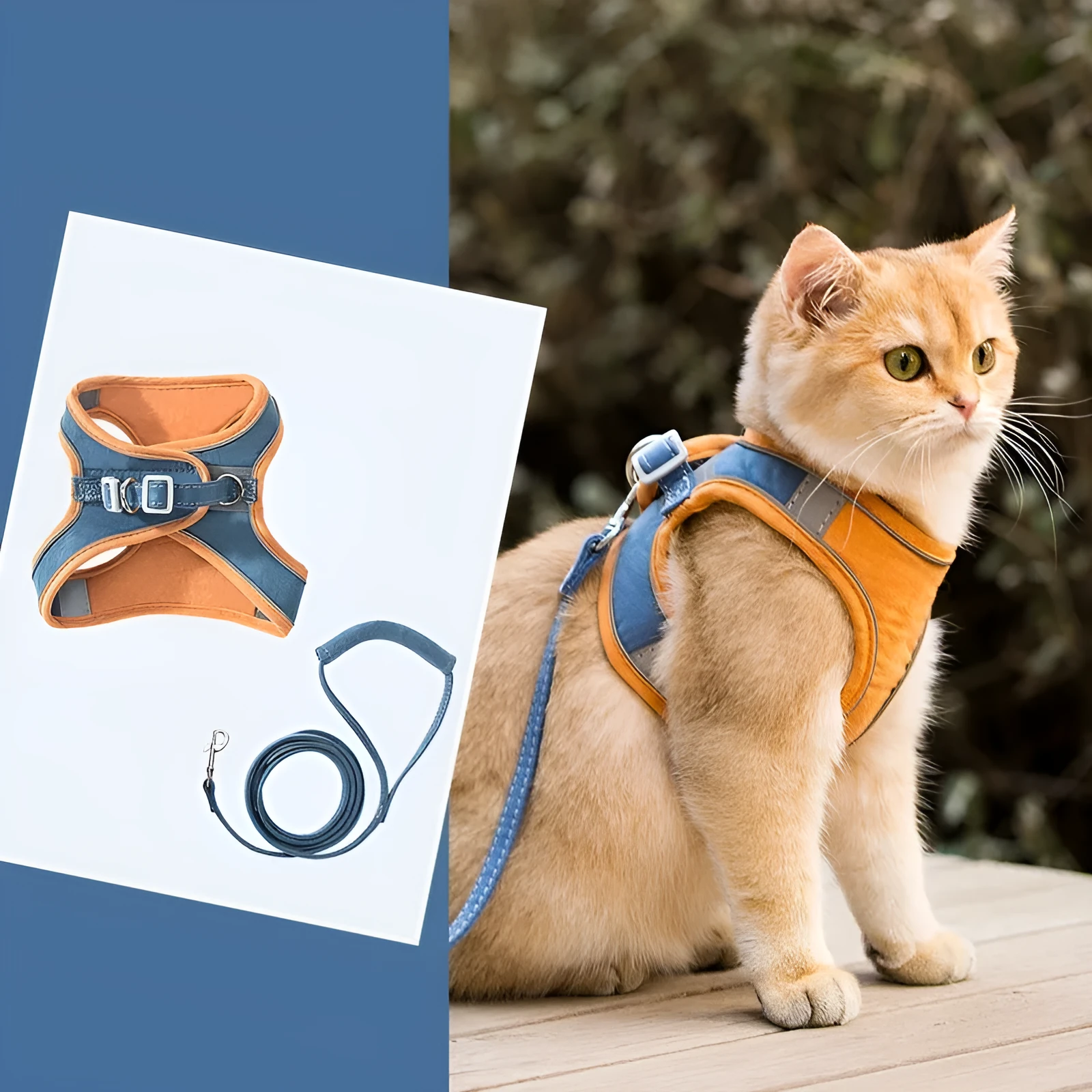 Blue and orange stitched suede cat vest harness with reflective chest strip and attached hand holding rope.
