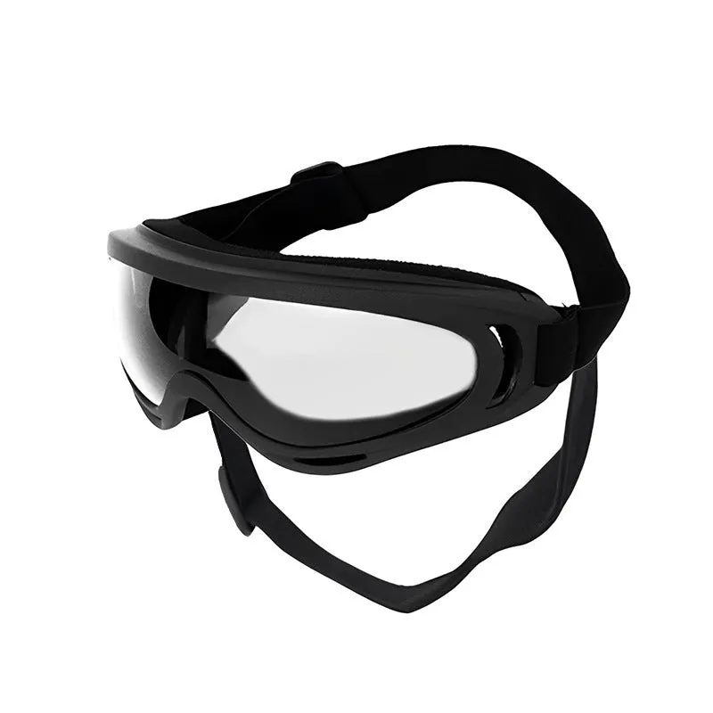 Dog wearing windproof plastic glasses with a coloured lens, showing PVC frame and casual style for outdoor use