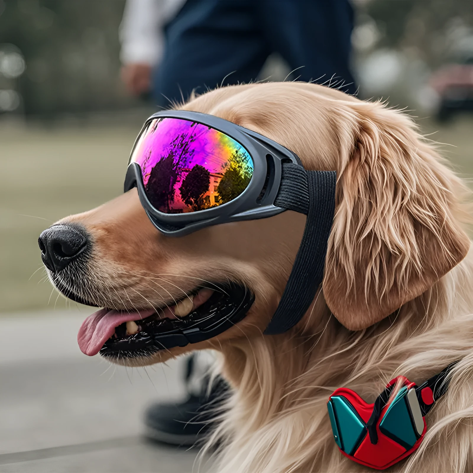 Dog wearing windproof plastic glasses with a coloured lens, showing PVC frame and casual style for outdoor use
