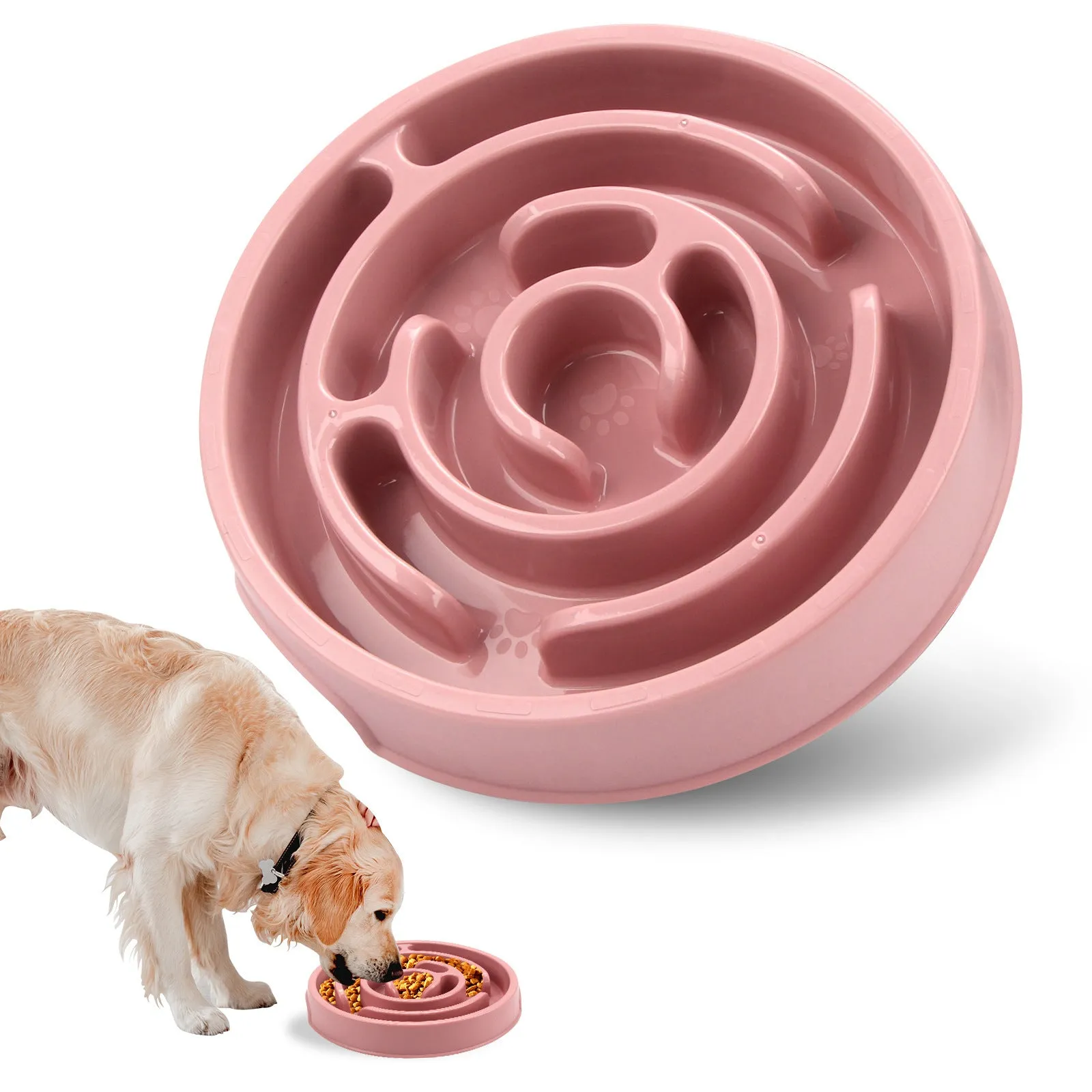 Silicone slow feeder dog bowl with labyrinth puzzle design in blue, green, and pink colours for safe eating