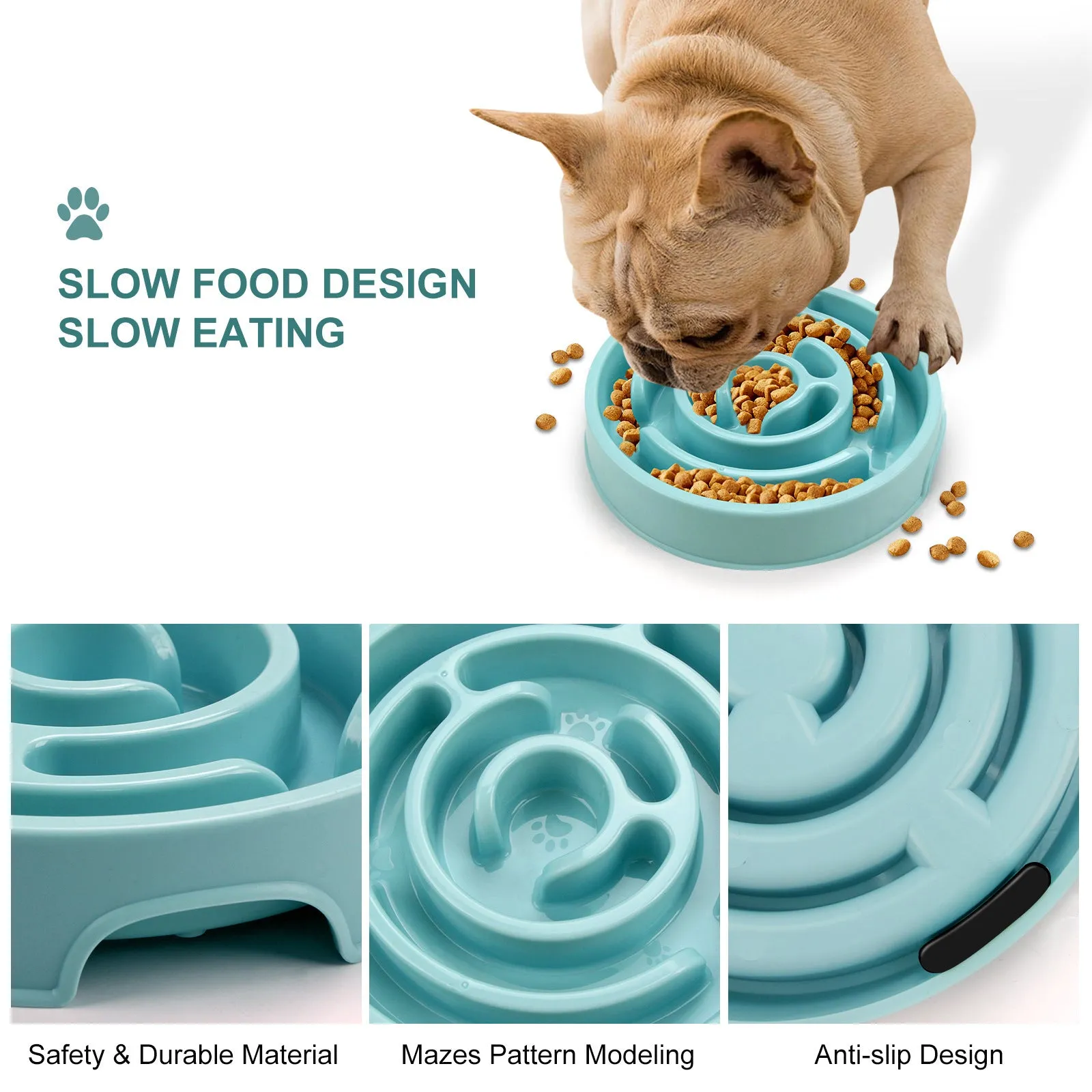 Silicone slow feeder dog bowl with labyrinth puzzle design in blue, green, and pink colours for safe eating