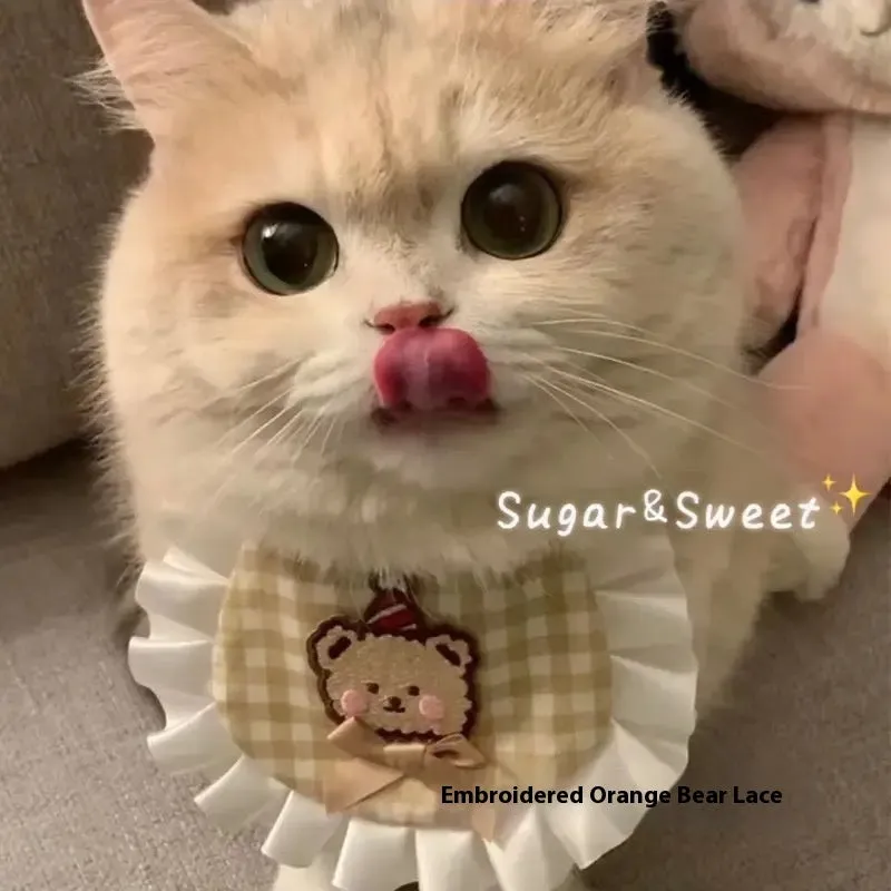 Cartoon mohair pet saliva towel cat bib dog lace scarf in bear with hat design on small pet