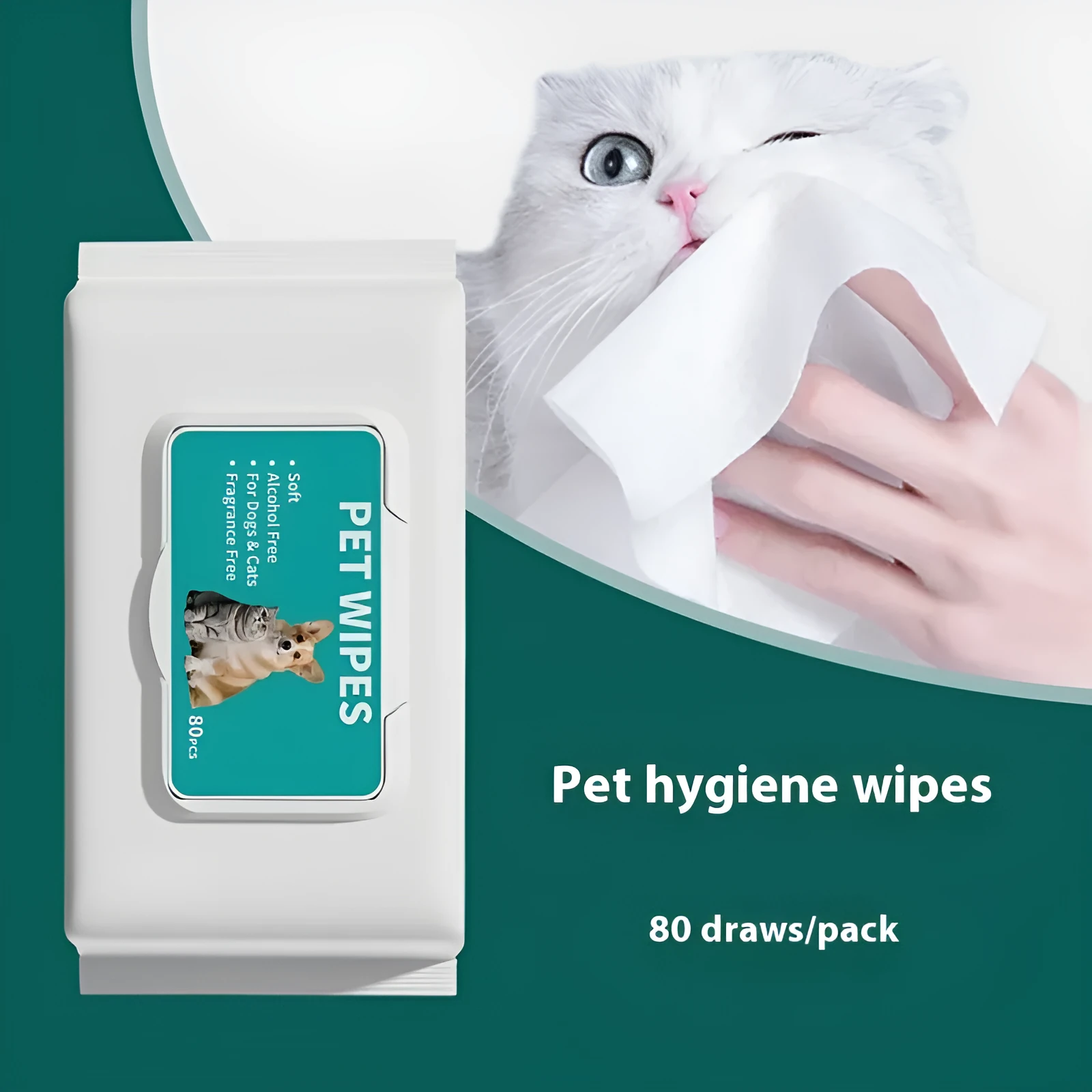Pet hygiene wipes in 10-draw dispenser pack for cleaning dog or cat paws and coat